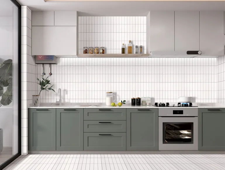 Classic white kitchen design with large window and sink